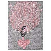 'Árbol femenino' (2021) - Proyecto de paz mundial surrealista estilo madhubani pintura india