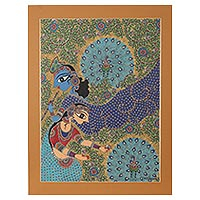 World peace painting, 'Peaceful Love of Radha Krishna' (2021) - World Peace Project Madhubani Style Painting from India
