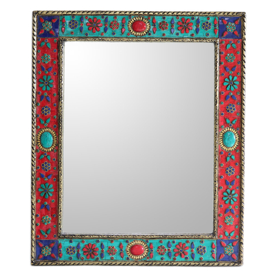 Embossed brass wall mirror, 'Floral Thoughts' - Mango Wood and Brass Wall Mirror with Floral Details