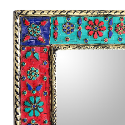 Embossed brass wall mirror, 'Floral Thoughts' - Mango Wood and Brass Wall Mirror with Floral Details