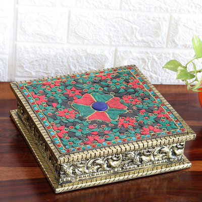 Nickel-plated brass jewellery box, 'Glorious Treasure' - Handmade Embossed jewellery Box with Beaded Floral Pattern