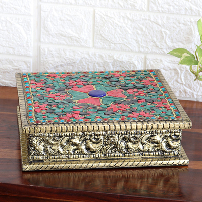Nickel-plated brass jewellery box, 'Glorious Treasure' - Handmade Embossed jewellery Box with Beaded Floral Pattern