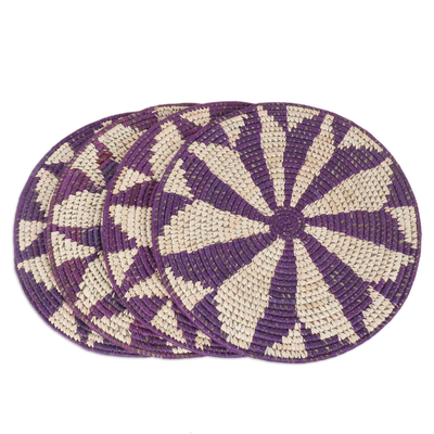 Natural fiber placemats, 'Purple Blossom' (set of 4) - Set of 4 Natural Fiber Round Placemats in Purple
