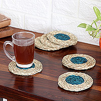 Posavasos de fibra natural, 'Turquoise Aura' (juego de 6) - Juego de 6 posavasos de fibra natural hechos a mano en turquesa
