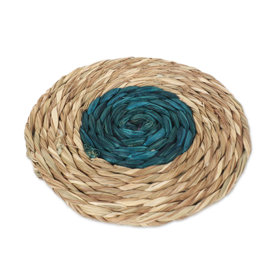 Set of 6 Handcrafted Natural Fiber Coasters in Turquoise