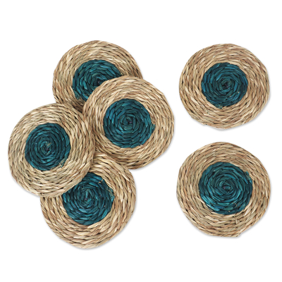 Natural fiber coasters, 'Turquoise Aura' (set of 6) - Set of 6 Handcrafted Natural Fiber Coasters in Turquoise