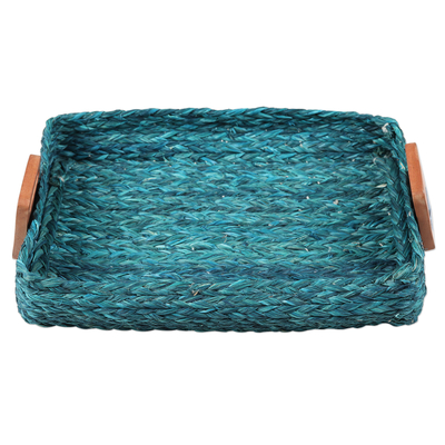 Natural fiber basket, 'Turquoise Passion' - Natural Fiber Basket in Turquoise with Acacia Wood Handles