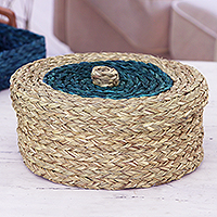 Natural fiber basket, 'Turquoise Allure' - Natural Fiber Basket with Turquoise Tones