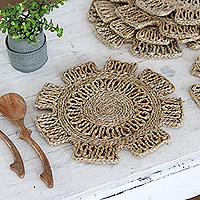 Jute placemats, 'Flower Attraction' (set of 6) - Handcrafted Jute Placemats with Floral Pattern (Set of 6)