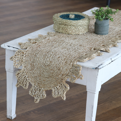 Jute table runner, 'Delightful Lines' - Indian Handcrafted Jute Table Runner with Braided Pattern