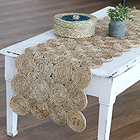 Jute table runner, 'Delightful Twists' - Indian Handcrafted Jute Table Runner with Spiral Pattern