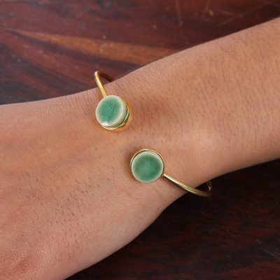 Ceramic cuff bracelet, 'Green Utopia' - Modern Minimalist Brass and Green Ceramic Cuff Bracelet