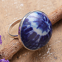 Ceramic cocktail ring, 'Blue Enchantment' - Blue Ceramic and Sterling Silver Cocktail Ring from India