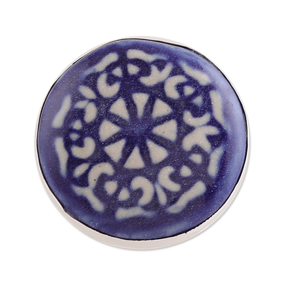 Anillo de cóctel de cerámica - Anillo de cóctel de cerámica floral moderno en azul y blanco