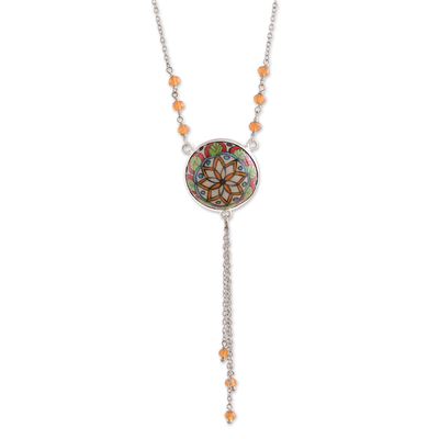 Y-Halskette aus Keramik und Quarz - Y-Halskette aus handbemalter Keramik und Quarz mit Mandala-Motiv