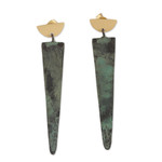Brass dangle earrings, 'Triangular Delight' - Modern Triangular Brass Dangle Earrings with Green Patina