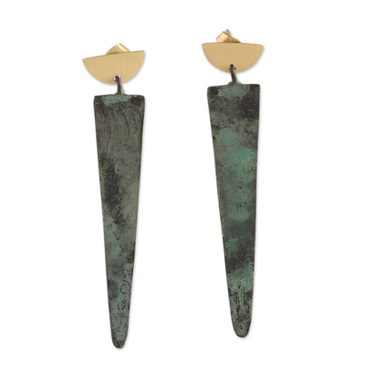 Pendientes colgantes de latón - Pendientes colgantes triangulares modernos de latón con pátina verde