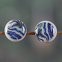 Ceramic button earrings, 'Wavy Blue' - Hand-Painted Ceramic Button Earrings with Blue Wavy Patterns