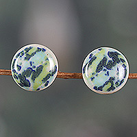 Ceramic button earrings, 'Sea Beauty' - Hand-Painted colourful Ceramic Button Earrings from India