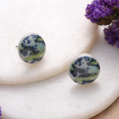 Ceramic button earrings, 'Sea Beauty' - Hand-Painted Colorful Ceramic Button Earrings from India