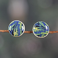 Ceramic button earrings, 'Underwater Beauty' - Hand-Painted Ceramic Button Earrings with 925 Silver Posts