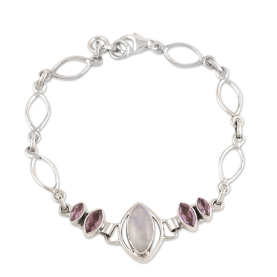 Rainbow moonstone pendant bracelet, 'Lilac Fusion' - Sterling Silver Rainbow Moonstone Amethyst Pendant Bracelet