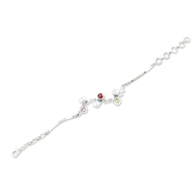 Multi-gemstone pendant bracelet, 'Colorful Berries' - Multi-gemstone and Pearl Sterling Silver Pendant Bracelet