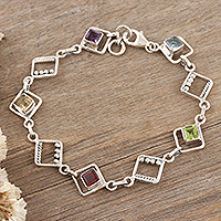 Multi-gemstone link bracelet, 'Colorful Harmony' - Multi-gemstone Sterling Silver Link Bracelet from India