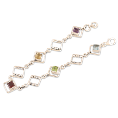 Multi-gemstone link bracelet, 'colourful Harmony' - Multi-gemstone Sterling Silver Link Bracelet from India