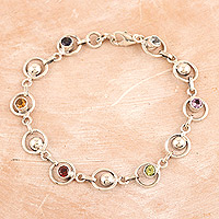 Multi-gemstone link bracelet, 'Colorful Orbs' - Multi-gemstone Sterling Silver Link Bracelet from India