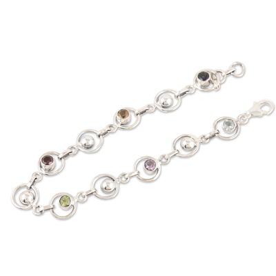Multi-gemstone link bracelet, 'colourful Orbs' - Multi-gemstone Sterling Silver Link Bracelet from India