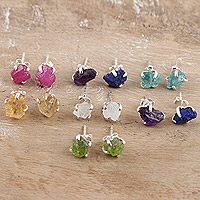 Gemstone stud earrings, 'Magical Chants' (set of 7) - Set of 7 Gemstone Sterling Silver Stud Earrings