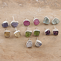 Gemstone stud earrings, 'Yoga Delight' (set of 7) - Set of 7 Gemstone Stud Earrings Crafted in India