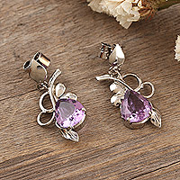 Rhodium-plated amethyst dangle earrings, 'Flourishing Peace' - Rhodium-Plated Dangle Earrings with Faceted Amethyst Stones