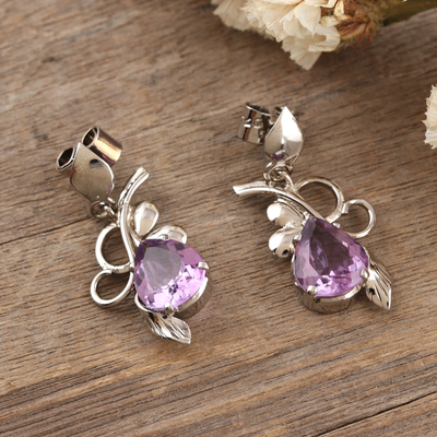 Rhodium-plated amethyst dangle earrings, 'Flourishing Peace' - Rhodium-Plated Dangle Earrings with Faceted Amethyst Stones