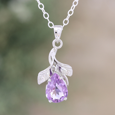 Rhodium-plated amethyst pendant necklace, 'Purple Glare' - Three-Carat Amethyst Pendant Necklace with Rhodium Plating