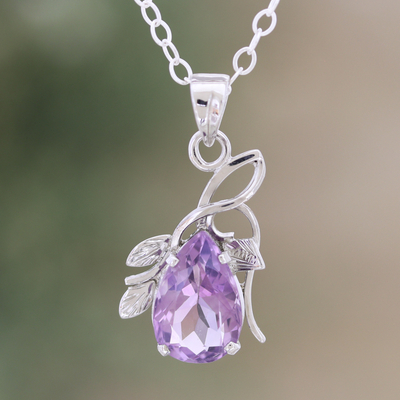 Rhodium-plated amethyst pendant necklace, 'Violet Story' - Rhodium-Plated Pendant Necklace with 5-Carat Amethyst Gems