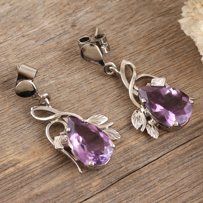 Rhodium-plated amethyst dangle earrings, 'Violet Story' - Rhodium-Plated Dangle Earrings with Faceted Amethyst Gems