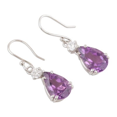 Amethyst and cubic zirconia dangle earrings, 'Graceful Clarity' - Sterling Silver Dangle Earrings with Faceted Amethyst Stones