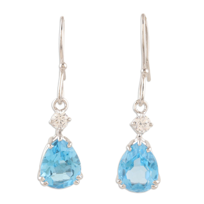Blue topaz and cubic zirconia dangle earrings, 'Loyal Clarity' - Sterling Silver Dangle Earrings with Faceted Blue Topaz Gems