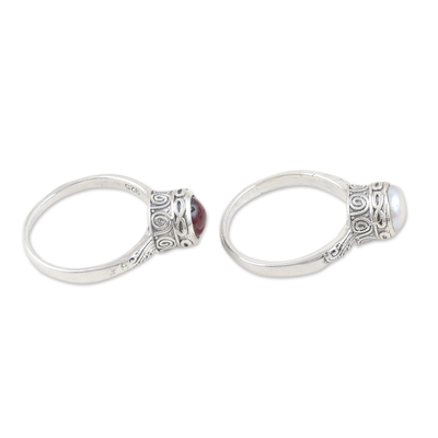 Garnet and cultured pearl single stone rings, 'Ocean and Earth' (set of 2) - Set of 2 Garnet and Pearl Sterling Silver Single Stone Rings