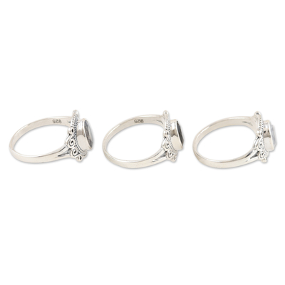 Gemstone cocktail rings, 'Third Time's the Charm' (set of 3) - Set of 3 Sterling Silver Gemstone Cocktail Rings from India