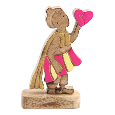 Wood sculpture, 'Loving Messenger' - Hand-Painted Mango Wood Romantic Sculpture in Vibrant Hues