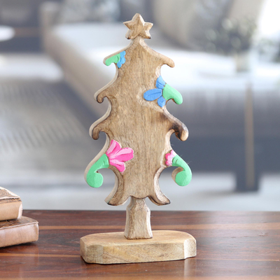 Wood sculpture, 'Holiday Blooms' - Hand-Carved Christmas Tree Sculpture with colourful Blooms