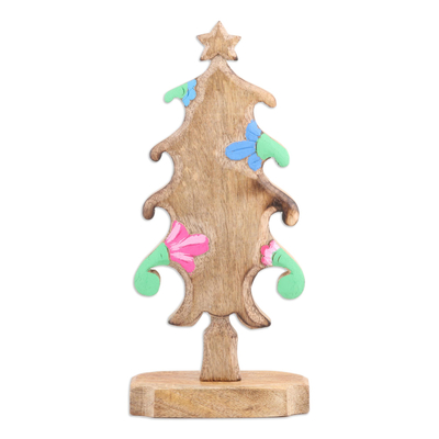 Escultura de madera - Escultura de árbol de Navidad tallada a mano con flores de colores