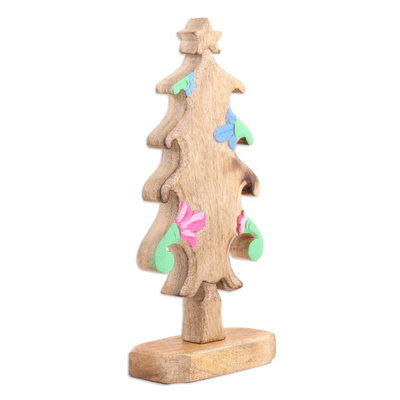 Wood sculpture, 'Holiday Blooms' - Hand-Carved Christmas Tree Sculpture with colourful Blooms
