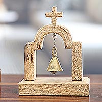 Wood sculpture, 'Traditional Bell' - Traditional Mango Wood Sculpture with Brass-Plated Bell