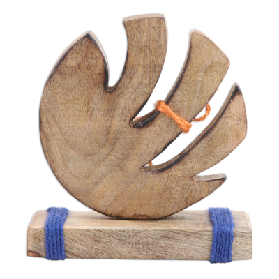Wood sculpture, 'Marine Movement' - Abstract Mango Wood Sculpture of Fish with Wool Yarns