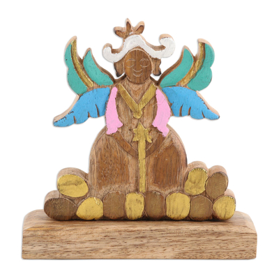 Wood sculpture, 'Tender Heaven' - Hand-Painted Mango Wood Angel Sculpture with Easter Eggs