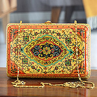 Papier mache clutch bag, 'Glory of Persia' - Hand-Painted Papier Mache and Wood Clutch Bag with Strap
